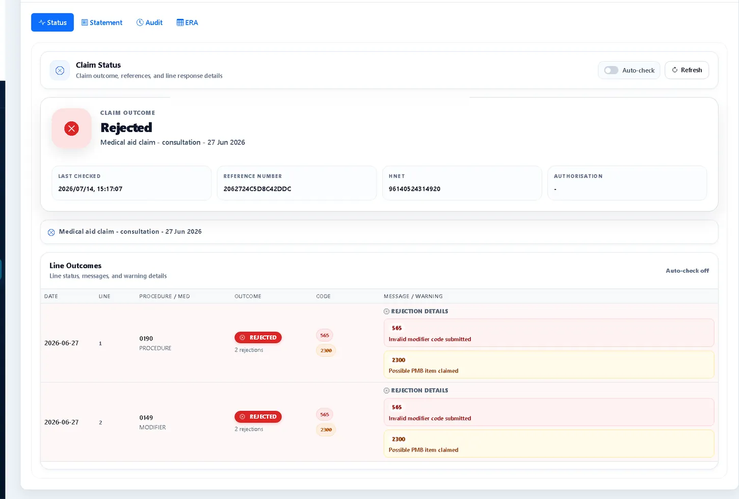 IgniteCare claim console showing rejected claim outcome and line-level warning details